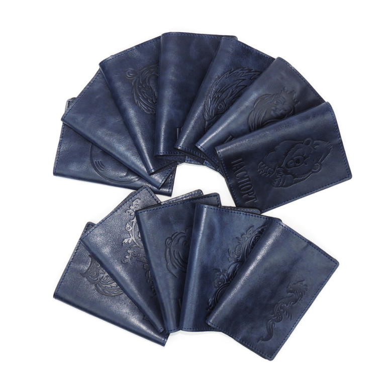 Обложка для паспорта кожаная Синий, Тигр