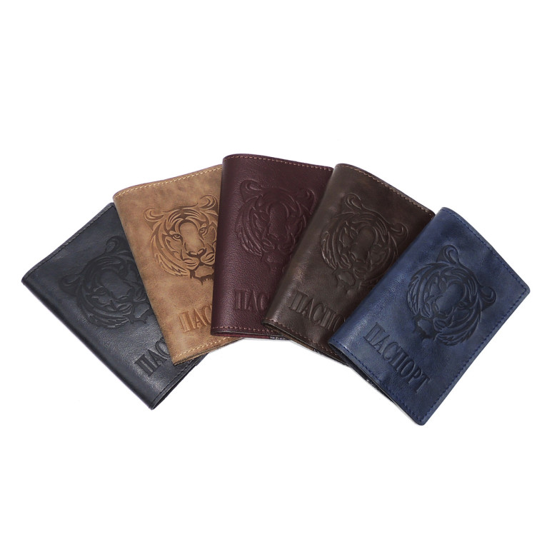 Обложка для паспорта кожаная Синий, Тигр